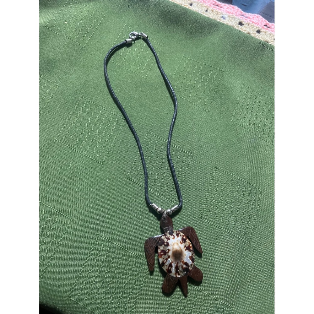 Hand Carved Wood Sea Turtle Pendant Necklace with Shell Inlay Black Cord
